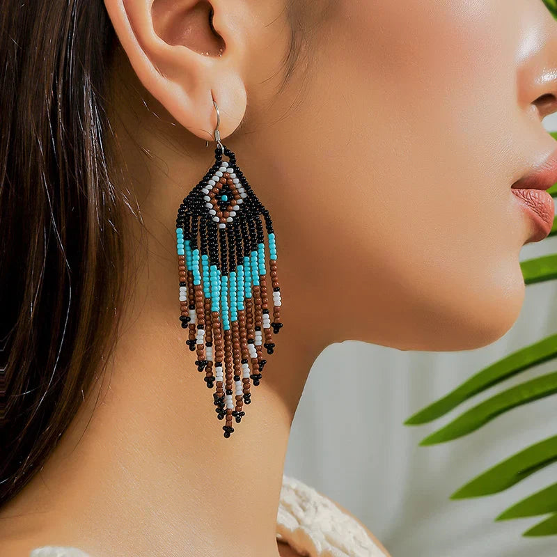 White Rice Beads Earrings For Women Retro Boho Tassels Water Drop Earrings Exaggerated Ethnic Style Earrings Jewelry