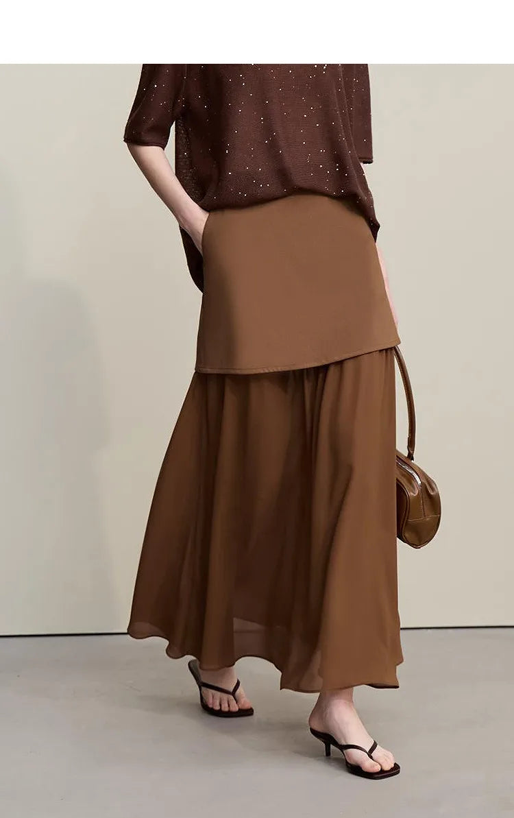 Women's Skirt 2026 Spring New Elegant Patchwork Chiffon Long Skirt Solid Color Straight Versatile Woman Clothes 12641047