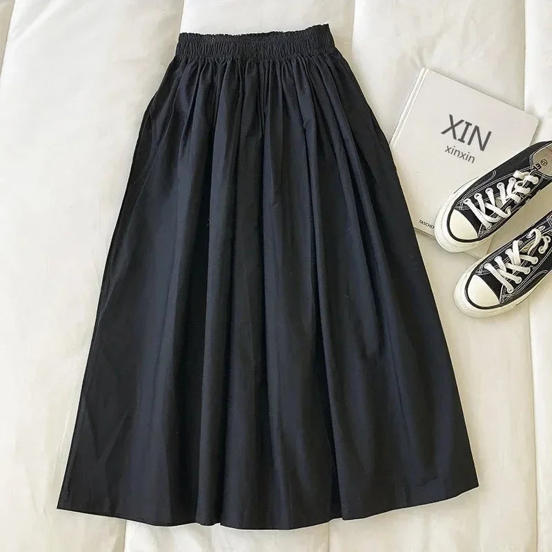 NEW Women's White Long Skirt High Waist A-Line Knee-Length Fashion Pockets Pleated Casual Elegant Skirts for Autumn