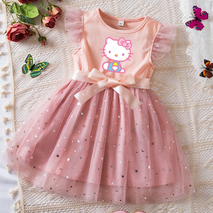 Girls Sequin Tutu Dress with Bow Flutter Sleeves Summer Princess Party Outfit for Toddler Kids 2-6 Years