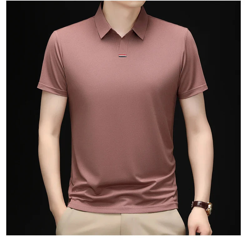 High quality brand solid color V-neck short sleeve polo shirt men summer fashion simple casual ice silk breathable lapel T-shirt