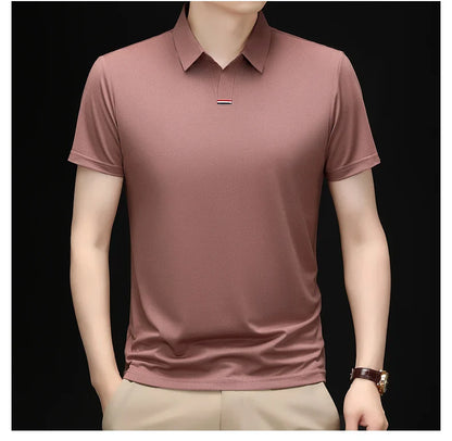 High quality brand solid color V-neck short sleeve polo shirt men summer fashion simple casual ice silk breathable lapel T-shirt