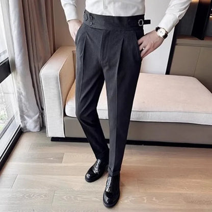 New Spring Autumn High Waist Smart Casual Dress Pants Men Belt Design Slim Suit Pants Formal Wedding Social Party Mens Trousers