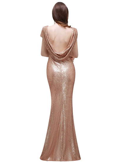 Champagne Sequins Bridesmaid Dresses Mermaid Rose Gold Short Sleeves O Neck Burgundy Summer Formal Wedding Party Guest Gown