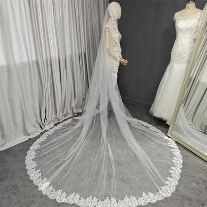 Customized Eyelash Lace Mantilla Veil, 3m*3m Long Bridal Veil with Chantilly Eyelash Lace, Ivory Wedding Veil with Hidden Comb