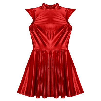 Womens Cocktail Dress Shiny Metallic Dress Alien Space Cap Sleeve High Waist A-line Dress for Halloween Party High Street Dress