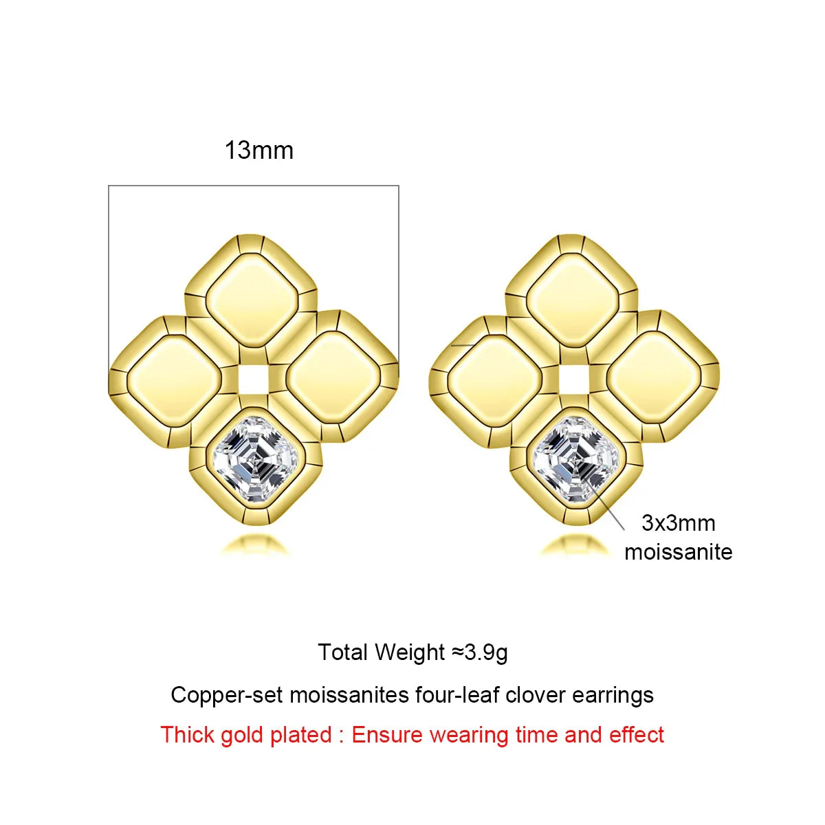 Asscher Cut Moissanite Stud Earrings Yellow Gold Plated Moissanite Earrings For Women Fine Jewelry Wholesale