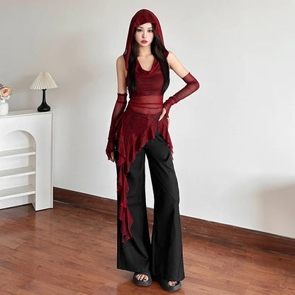 Streetwear 90s Grunge Mesh See Through Hooded Tops Cyber Y2K Irregular Hem Ruffles Hoodie Women Slim Blouse with Cuffs