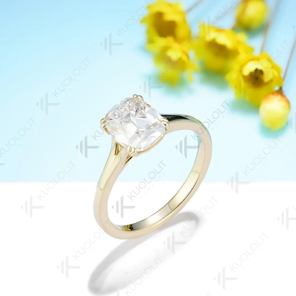 3CT OMC Enlonged Cushion Moissanite Rings for Women PT950 Solid 14K 10K Yellow Gold for Engagement Wedding Christmas