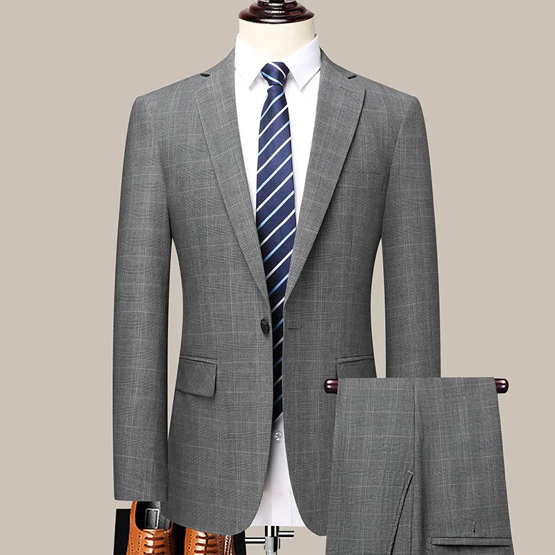Suits (blazer+ Pants) Men Fashion Business Casual Solid Color Korean Version Slim-fit Plaid Gentleman Wedding Work S-5XL