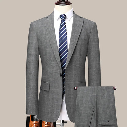 Suits (blazer+ Pants) Men Fashion Business Casual Solid Color Korean Version Slim-fit Plaid Gentleman Wedding Work S-5XL