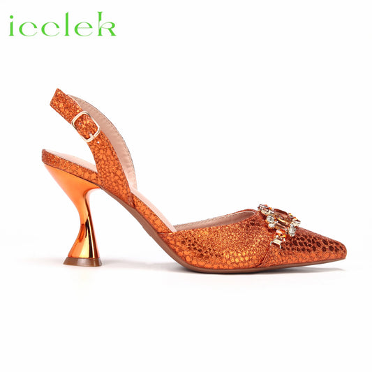 Spot Goods Italian Fashion Women Heels Elegant Orange Color Block Design Brown Shoes And Bag Full Rhinestone Party Bag