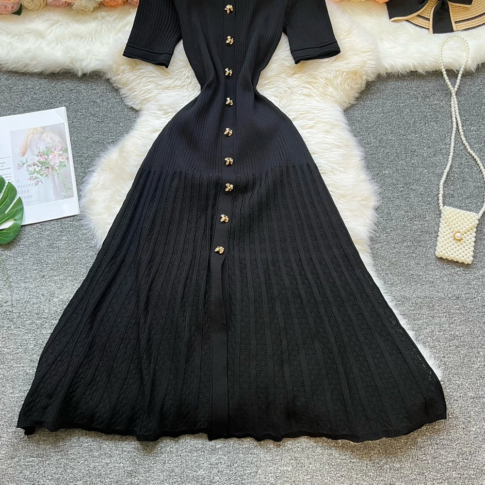 Fashion Vintage Turn-down Collar Knit Maxi Dress Elegant Single-breasted A-line Long Shirt Dress Lady Vestidos