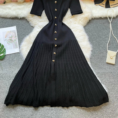Fashion Vintage Turn-down Collar Knit Maxi Dress Elegant Single-breasted A-line Long Shirt Dress Lady Vestidos