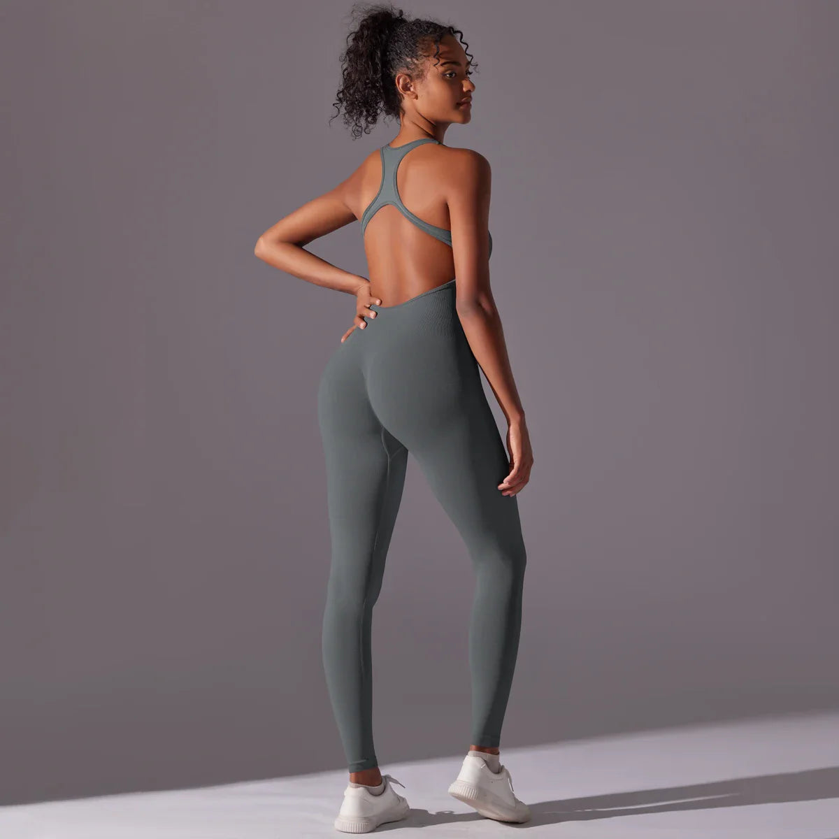 Backless Yoga Bodysuit Women Sports Jumpsuit Fitness Sportswear Workout Set Solid Color Seamless Butt Lifting Yoga Bodysuit