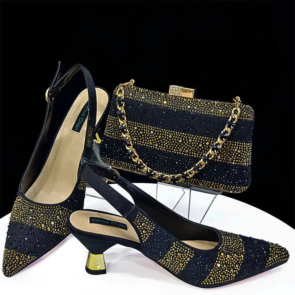 High Heels Shoes for Women Embroidery Rhinestone Italian Design Gold Color Pointed Toe Shoes and Bags Set Fashio