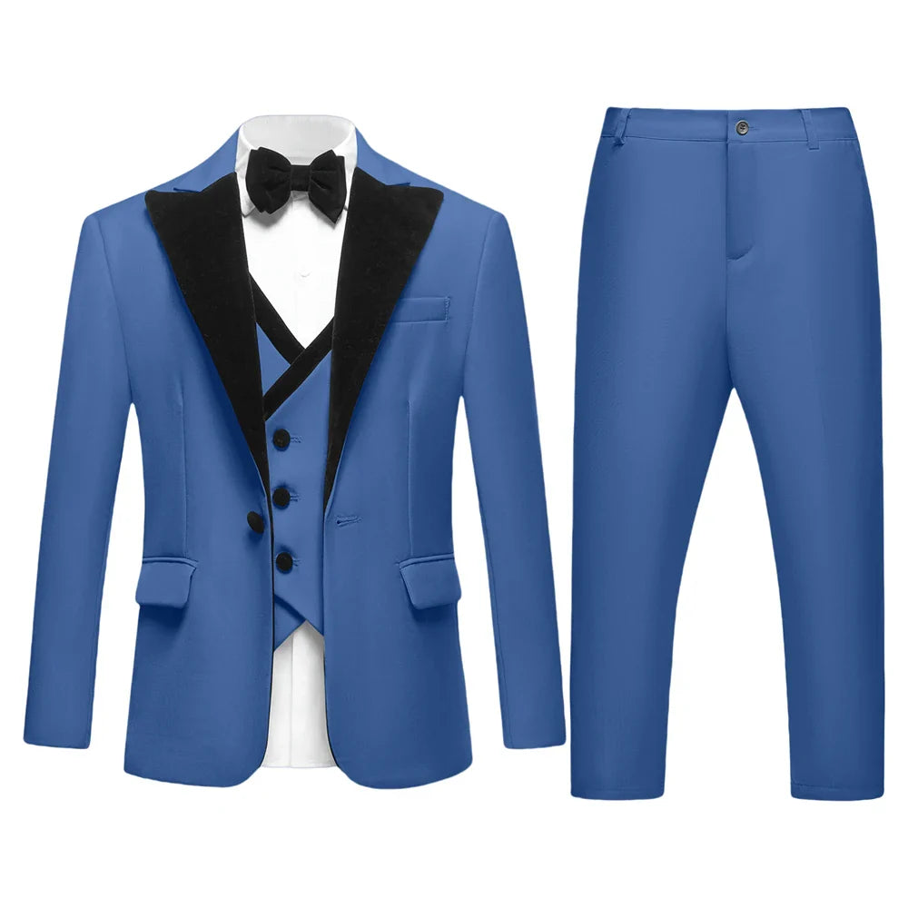 2025 Hotest Boys Formal Suit Set with Velvet Collar - One Button Blazer Vest Pants Bowtie - 3-14 Years Kids Graduation Tuxedo