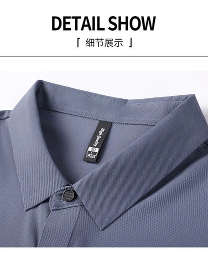 High quality wrinkle resistant ice silk short sleeve t-shirt men's summer Lapel loose casual solid color top high-end polo men