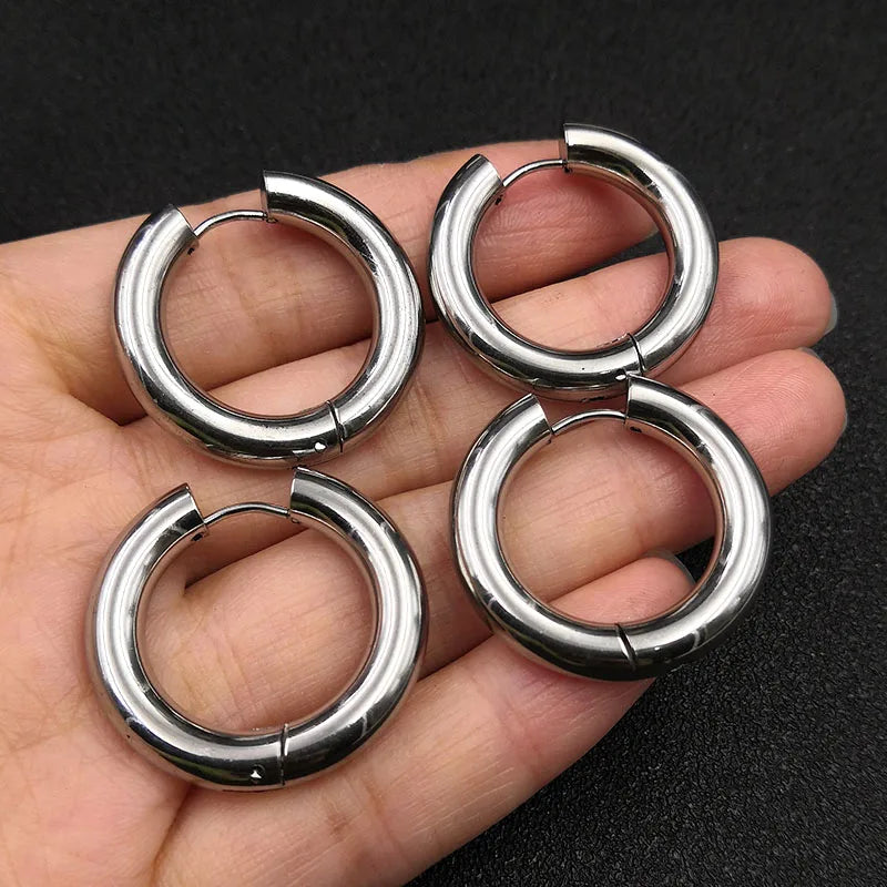 6pcs/lot Thick 3.0mm 4.0mm 5.0mm Stainless Steel Circle Hoop Earrings For Women Girls Gold Silver Color Round Geometry Earrings