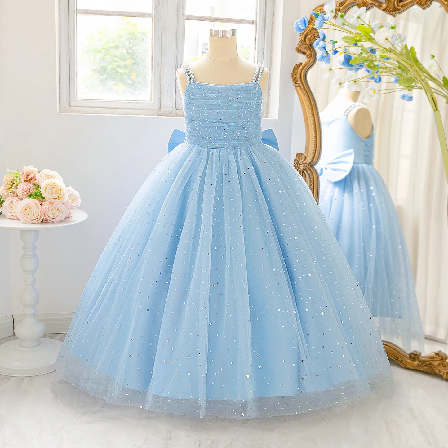 Elegant Sequins Bridemaids Girl Dress Summer Big Bow Tulle Wedding Princess Party Prom Dresses Girls Birthday Evening Ball Gown