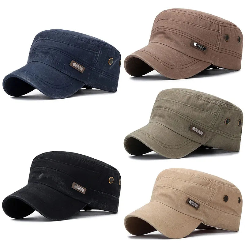 Vintage Washed Cotton Military Caps Flat Top Baseball Cap Adjustable Fitted Thicker Cap Sun Protection Men Women Cadet Army Cap