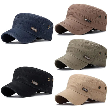Vintage Washed Cotton Military Caps Flat Top Baseball Cap Adjustable Fitted Thicker Cap Sun Protection Men Women Cadet Army Cap