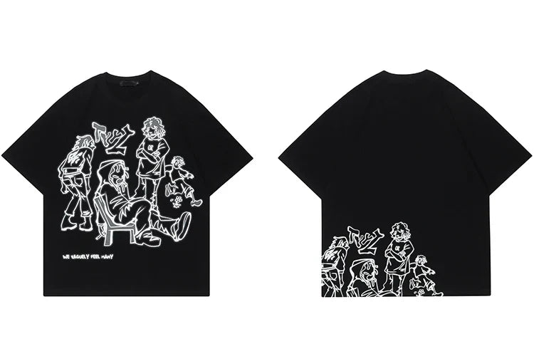 Harajuku Cartoon Girl Cat Japanese Kanji Graphic T Shirt Streetwear Men T-Shirt Summer Short Sleeve Tshirt Tops Tees Unisex
