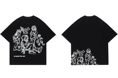 Harajuku Cartoon Girl Cat Japanese Kanji Graphic T Shirt Streetwear Men T-Shirt Summer Short Sleeve Tshirt Tops Tees Unisex
