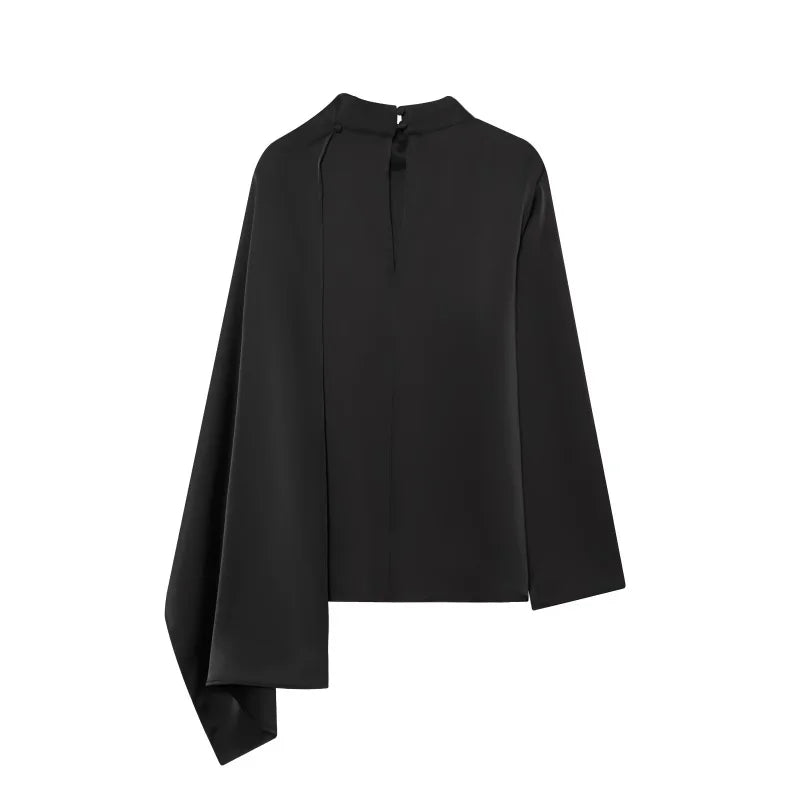 2026 Spring new women's elegant fashion shawl design satin drape top asymmetric wrinkled long-sleeved shirt
