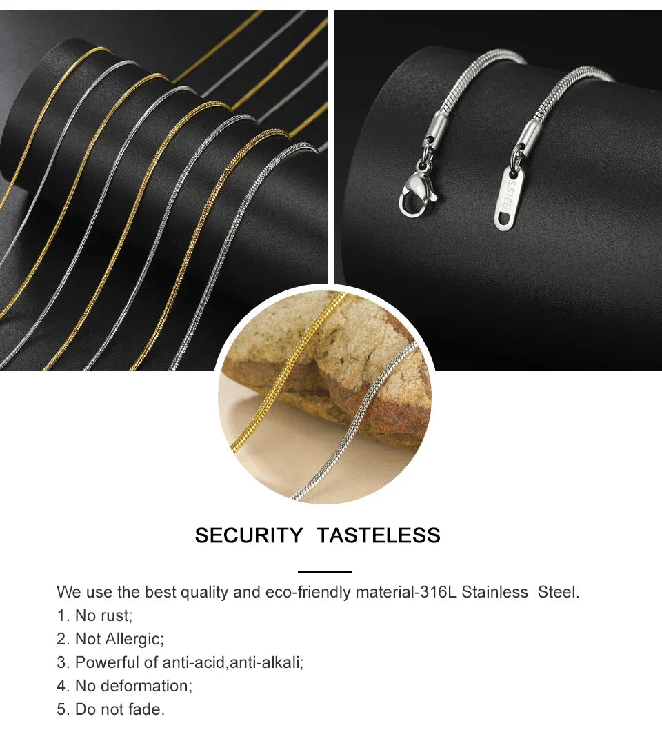 Round Snake Chain Necklace for Women Men Stainless Steel Link Chain 0.9mm 1.2mm 2mm Chains Choker Fashion Jewelry Gifts