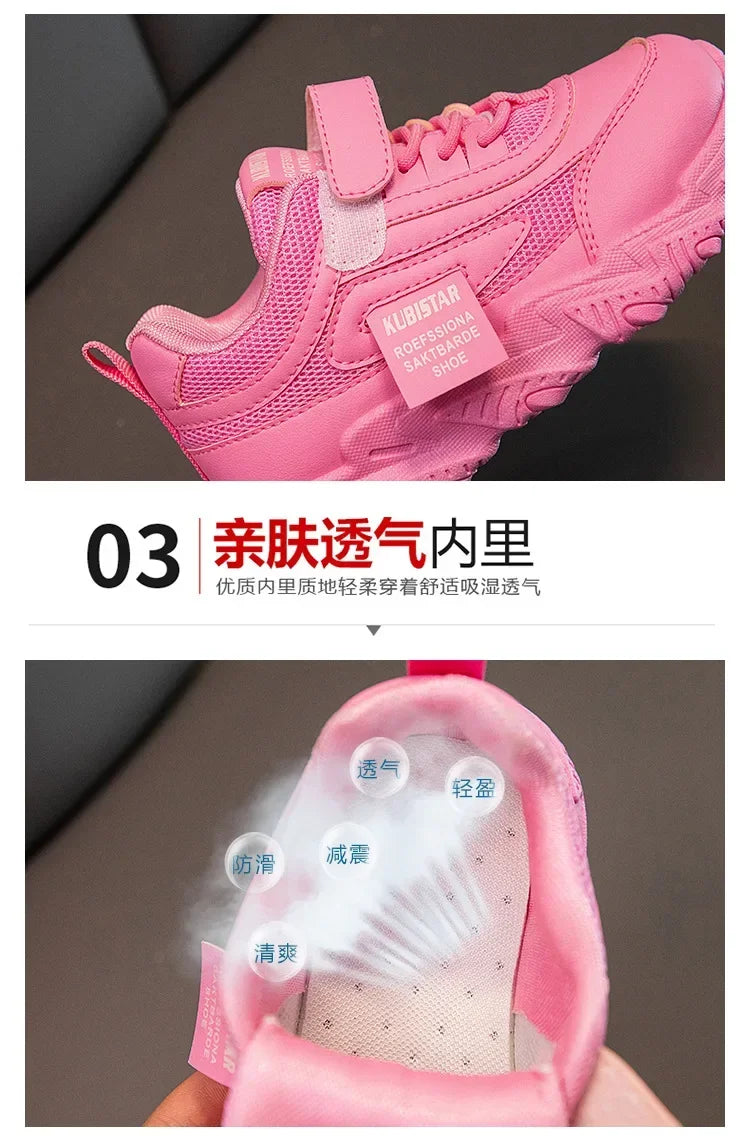 Spring New Kids Sneakers 2025 PU Girls Casual Mesh Solid Pink Light Boys White Hook & Loop Children Non-slip Sports Shoes