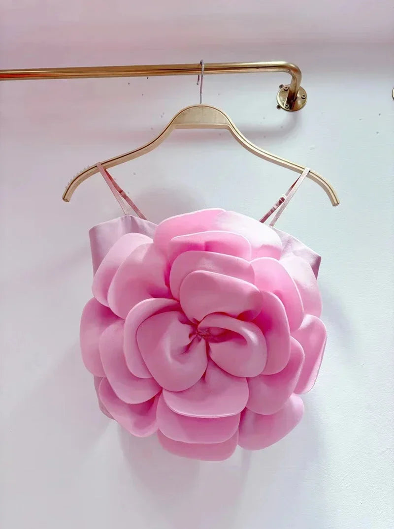 2026 3D Floral Spliced Designer Sling Tops Solid Color Backless Slim Sexy Vest Fashion Summer New Clothing
