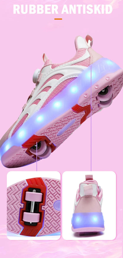 New Kids Wheels Roller Skate Shoes Boys Girls Swivel Buckle LED Light Luminous rechargeable Outdoor Children's Casual Sneakers