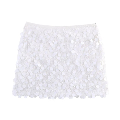 Women Spring Autumn Chic Mini Skirts Fashion With Sequined Solid Side Zipper Short Skirt Female Vintage High Waist Skirt
