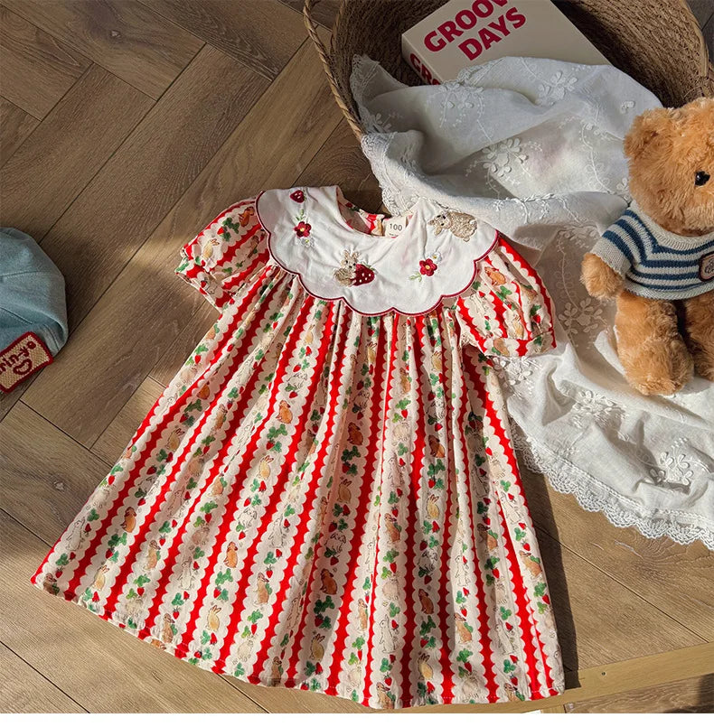 Kid Girl Adorable Short Sleeve Dress Red White Vertical Stripes Bunny Strawberry Print Peter Pan Collar Skirt for Children