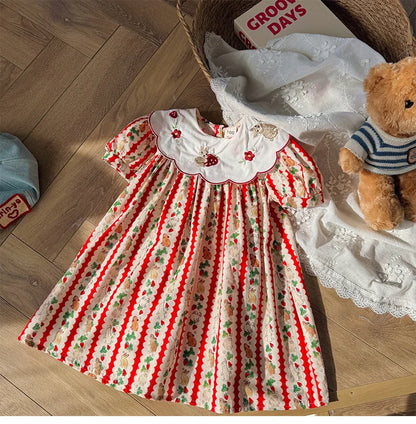 Kid Girl Adorable Short Sleeve Dress Red White Vertical Stripes Bunny Strawberry Print Peter Pan Collar Skirt for Children