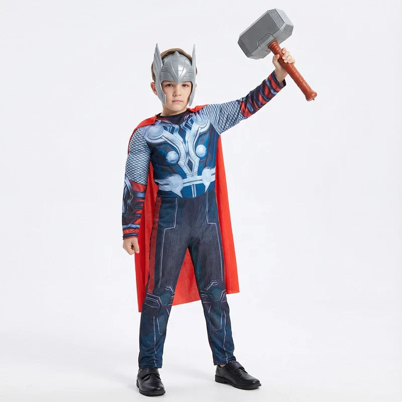Kids Thor Superhero Cape Costume with Mask Jumpsuit for Halloween Cosplay Party Boys Girls Holiday Dress Up with Plastic Hammer
