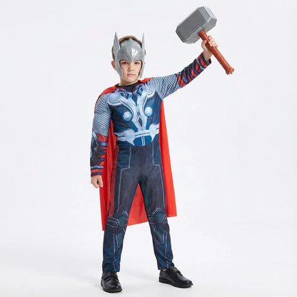 Kids Thor Superhero Cape Costume with Mask Jumpsuit for Halloween Cosplay Party Boys Girls Holiday Dress Up with Plastic Hammer