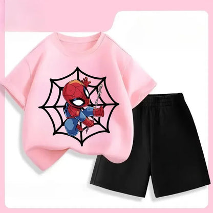 2026 Marvel Boys Casual Outfits Children Breathable T Shirt Shorts Two Piece Set Summer Kids Cartoon Print Sport Clothing Suit