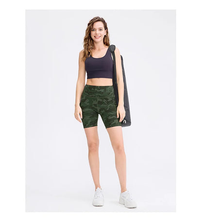 Women's printed nude yoga shorts with pockets skin-friendly tight stretch quick-drying sports fitness hiking running shorts