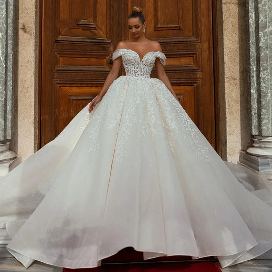 Customized Luxury Off Shoulder Wedding Dresses for Women Chic Court Train Bridal Gown Princess Plus Size Vestido De Novia