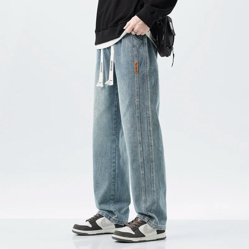 Men's Retro Jeans Elastic Waist Fashion Loose Straight Casual Wide Pants Cotton Casual Korean Baggy Wide Leg Denim Trousers