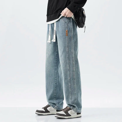 Men's Retro Jeans Elastic Waist Fashion Loose Straight Casual Wide Pants Cotton Casual Korean Baggy Wide Leg Denim Trousers