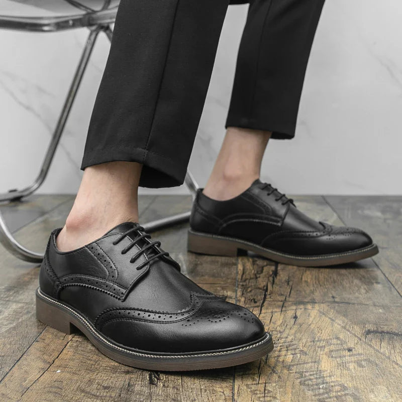 Men Lace Up Derby Shoes PU Solid Color Round Toe Business Casual Fashion Formal Shoes