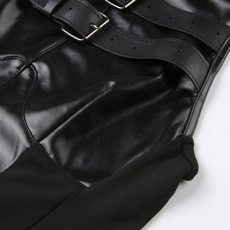 Punk Style Leather PU Patchwork Crop Tops Women Grunge Biker Sleeveless Corset Tank Top Streetwear Dark Academia Vest