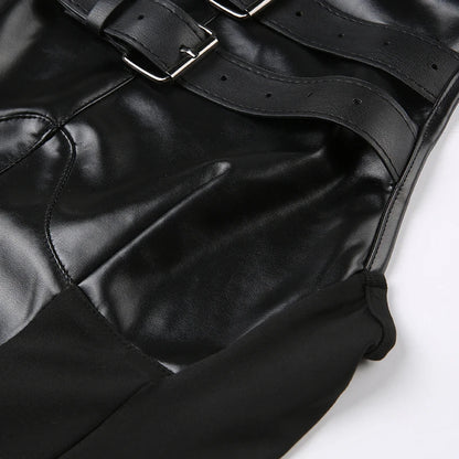 Punk Style Leather PU Patchwork Crop Tops Women Grunge Biker Sleeveless Corset Tank Top Streetwear Dark Academia Vest