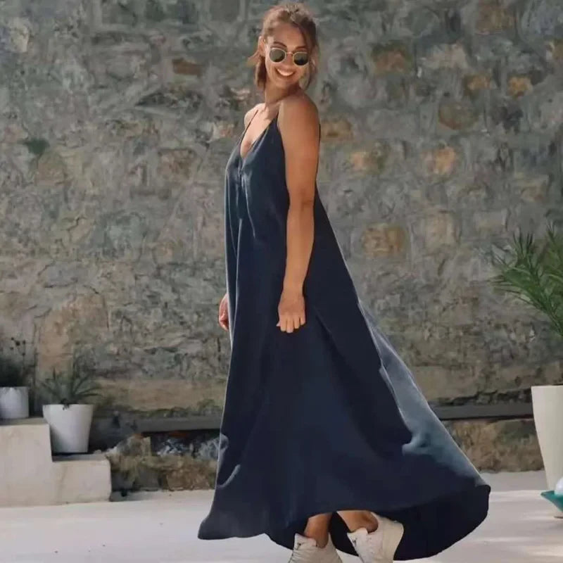Women's Slip Dress Summer Green Red Black Dress Casual V-Neck Backless Long Dresses Sleeveless Vestidos Resort Dresses