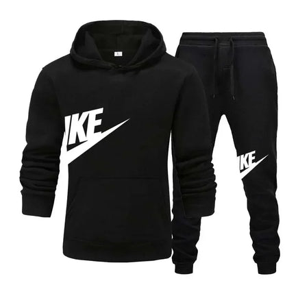 New men's casual fitness and running sportswear for autumn and winter, fashionable printed loose hooded pullover + long pants se