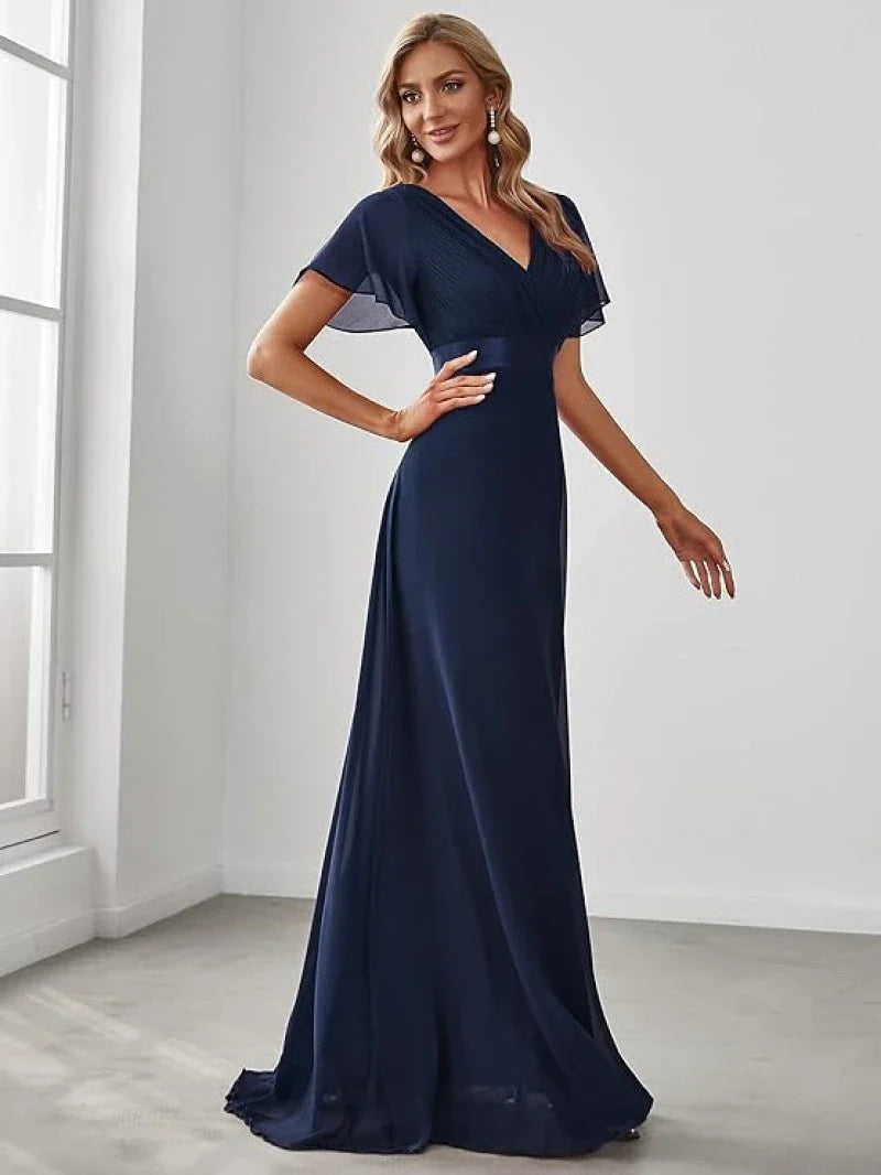 Empire Evening Dresses Cross V-Neck Tulle Short Sleeve Sashes Wedding Dress Sexy Backless Women's Formal Party Gowns
