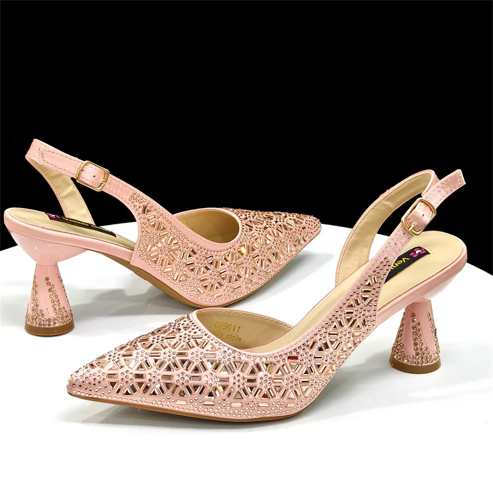 Elegant Champagne Color Pointed-Toe Italian Women's High-Heeled Shoe and Bag Set with Full Diamond Design for Parties
